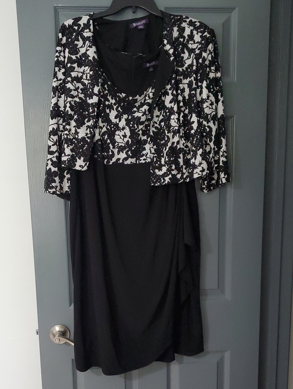 Roaman's Black and White Floral Midi Dress and Jacket